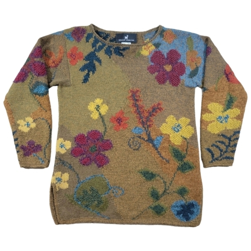 Peruvian Connection Alpaca Knit Sweater Womens Medium‎ Brown Floral Art To Wear